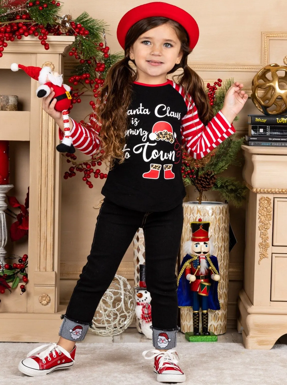 Girls "Santa Clause is Coming to Town" Striped Top and Cuffed Jeans Set