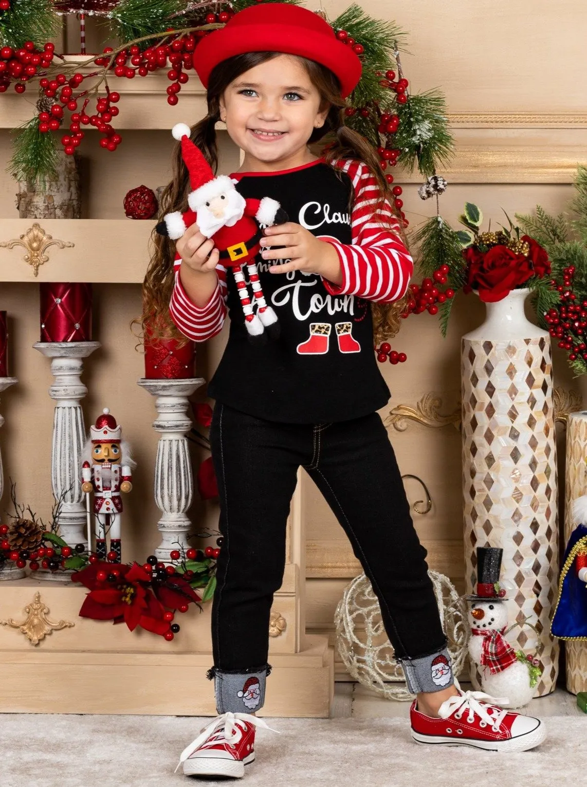 Girls "Santa Clause is Coming to Town" Striped Top and Cuffed Jeans Set