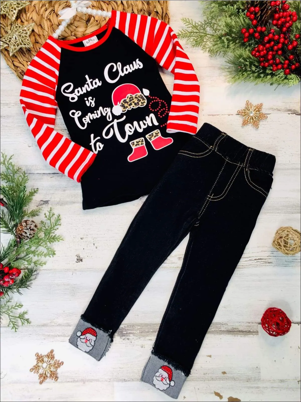 Girls "Santa Clause is Coming to Town" Striped Top and Cuffed Jeans Set