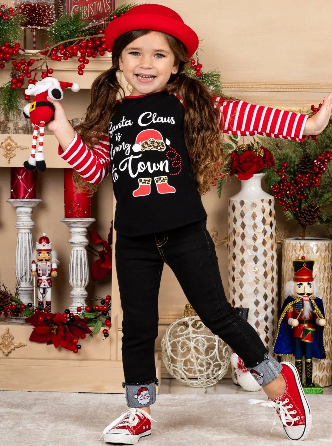 Girls "Santa Clause is Coming to Town" Striped Top and Cuffed Jeans Set