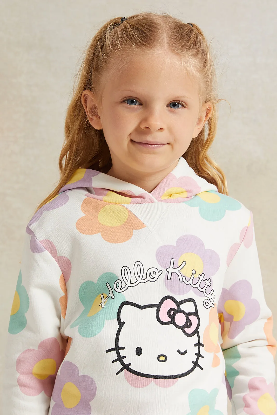 Girls White Hello Kitty Print Hooded Sweatshirt