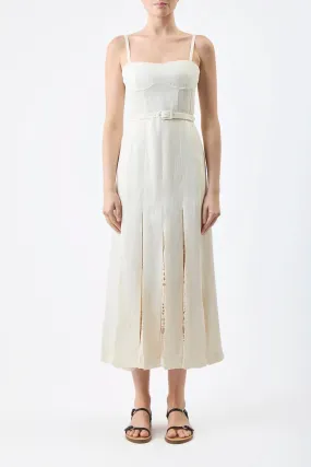 Godard Pleated Dress in Ivory Textured Linen