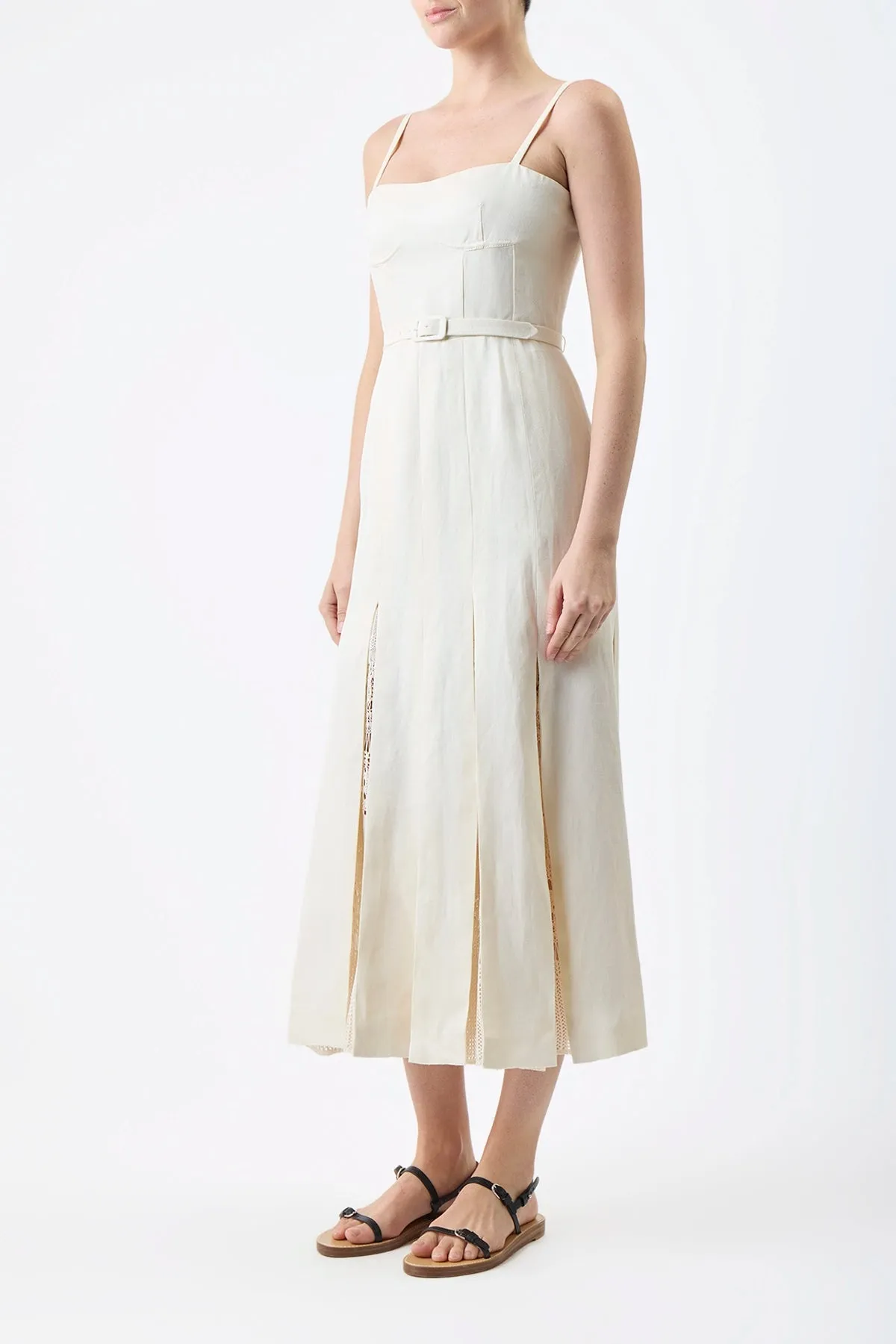 Godard Pleated Dress in Ivory Textured Linen