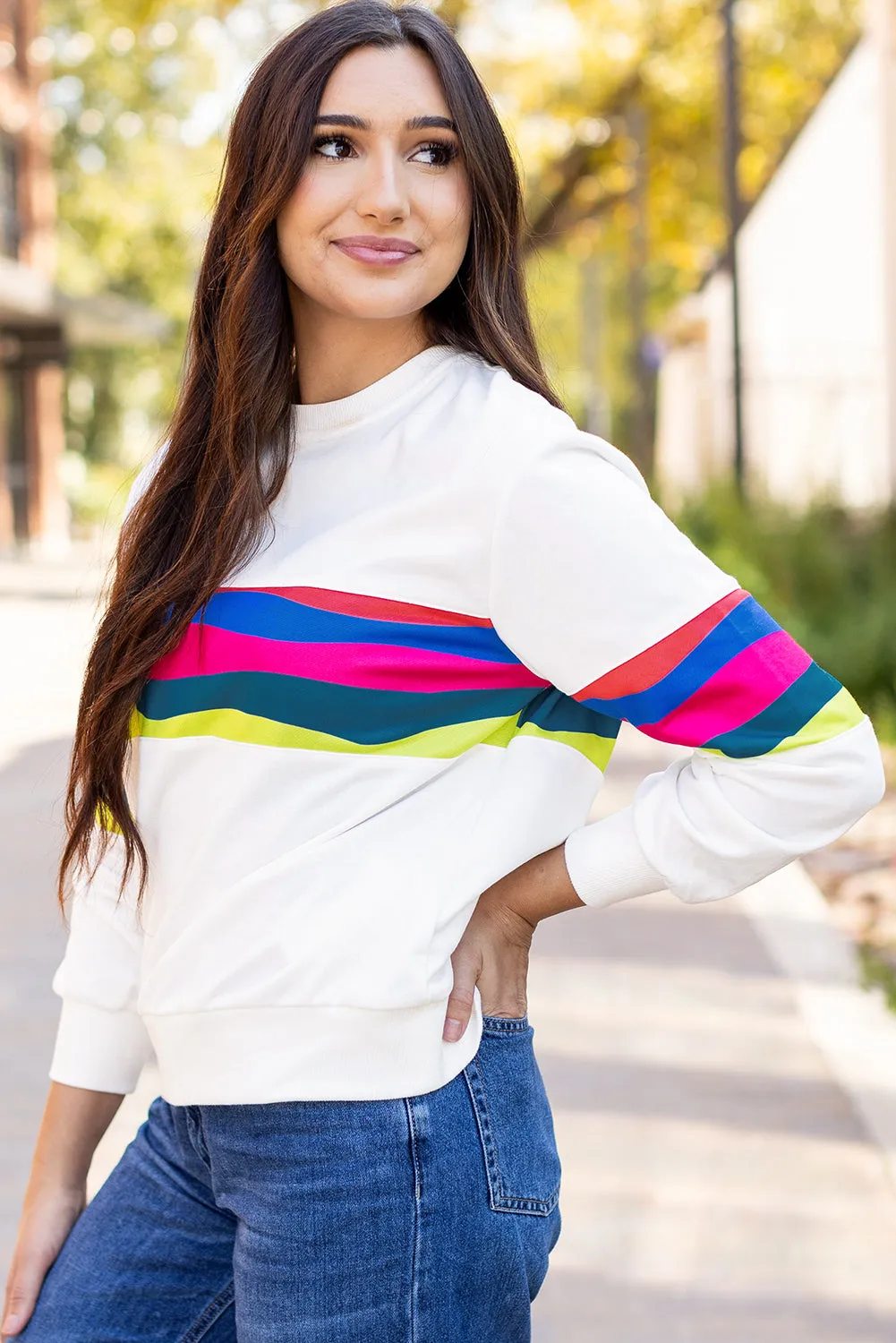 Green Colourful Striped Accent Long Sleeve T Shirt