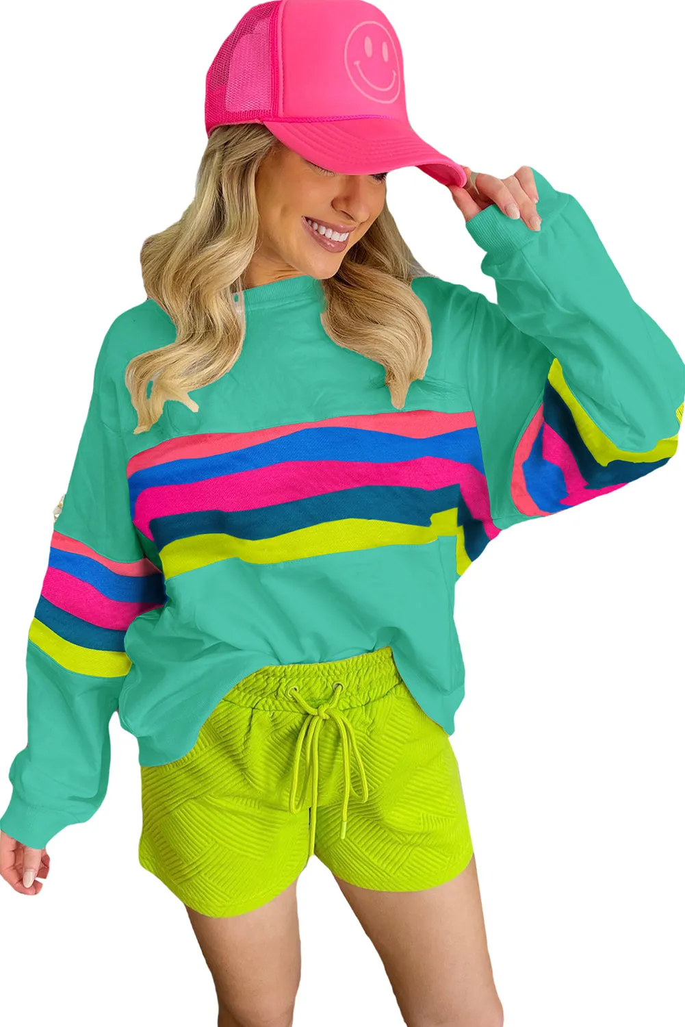 Green Colourful Striped Accent Long Sleeve T Shirt