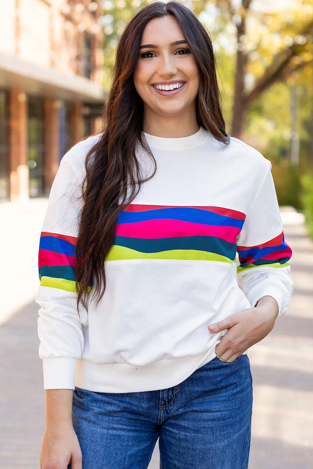 Green Colourful Striped Accent Long Sleeve T Shirt