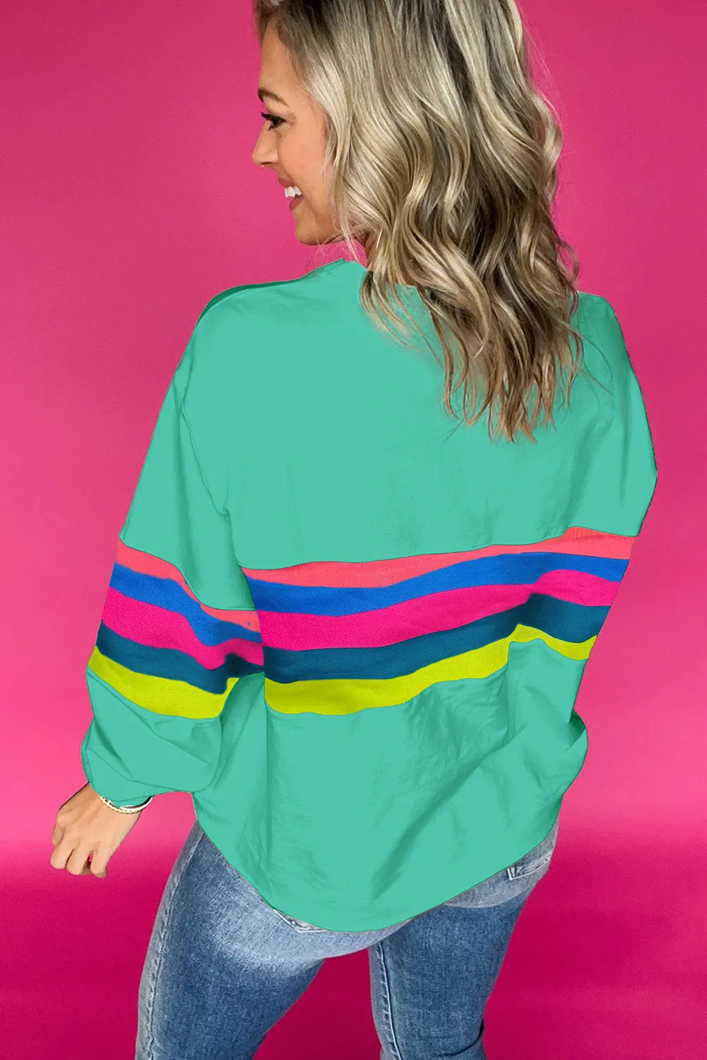 Green Colourful Striped Accent Long Sleeve T Shirt