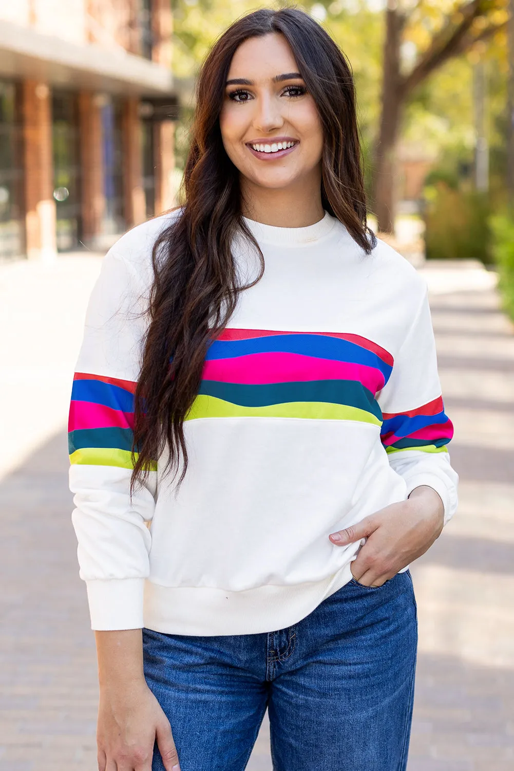 Green Colourful Striped Accent Long Sleeve T Shirt