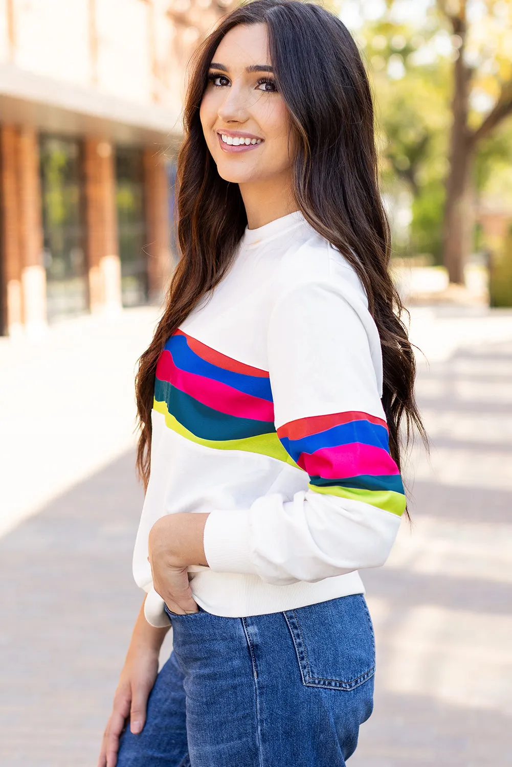 Green Colourful Striped Accent Long Sleeve T Shirt