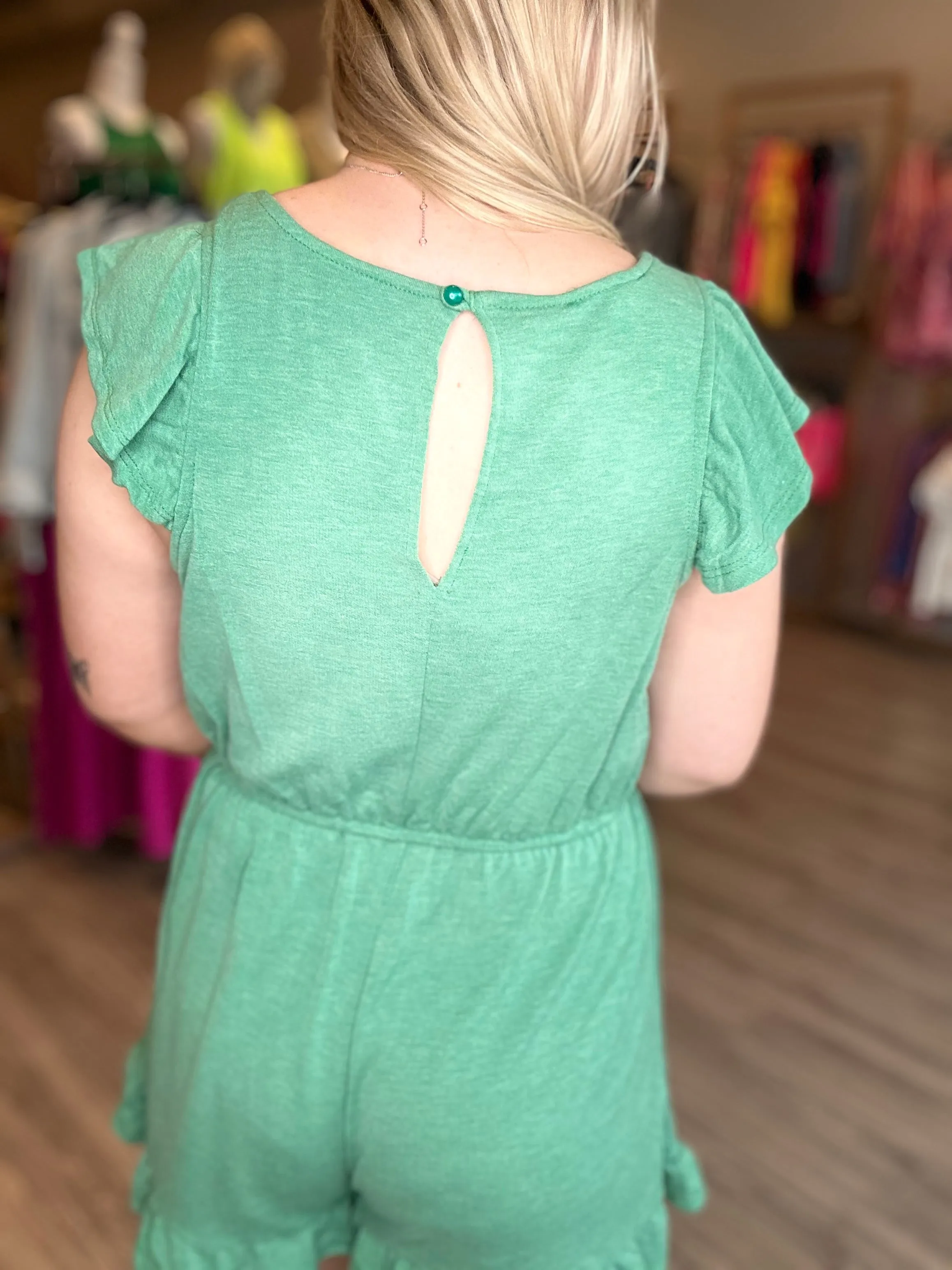 Green Solid Ruffled Romper