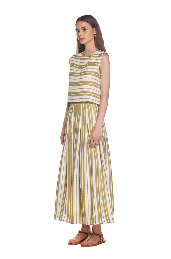 Green Striped Pleated Skirt