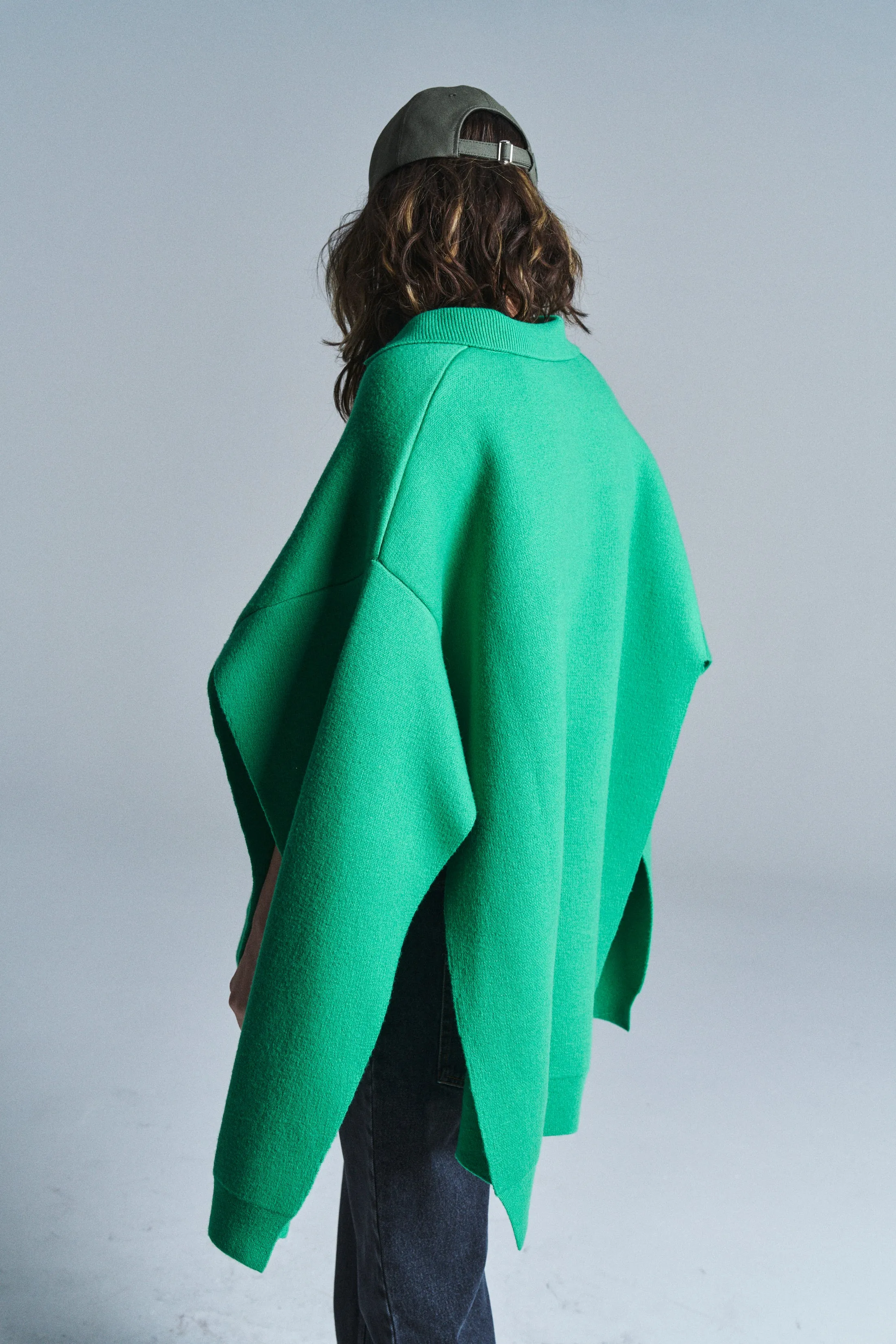 Green Wool Open Seam Polo Sweater