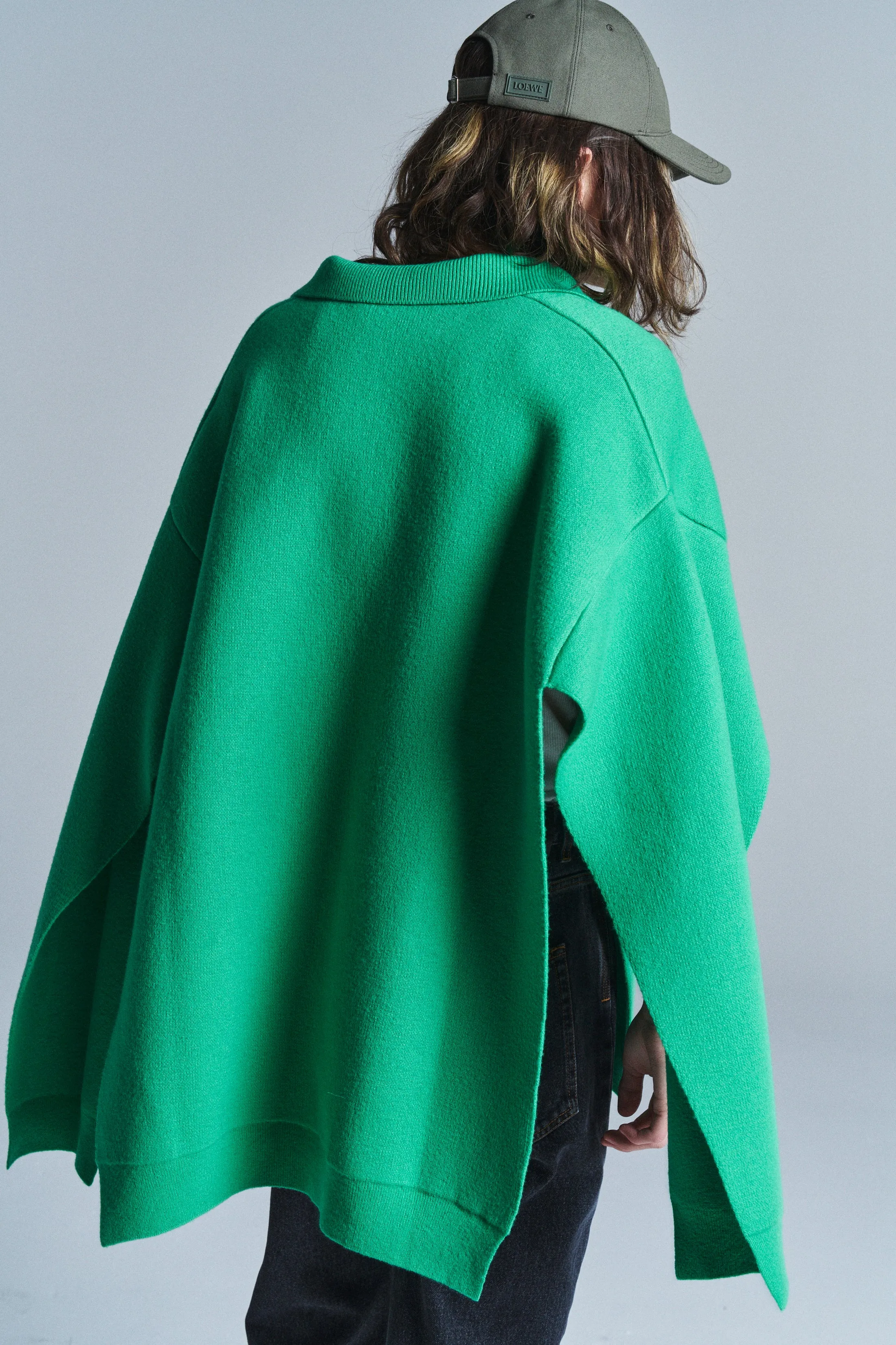 Green Wool Open Seam Polo Sweater