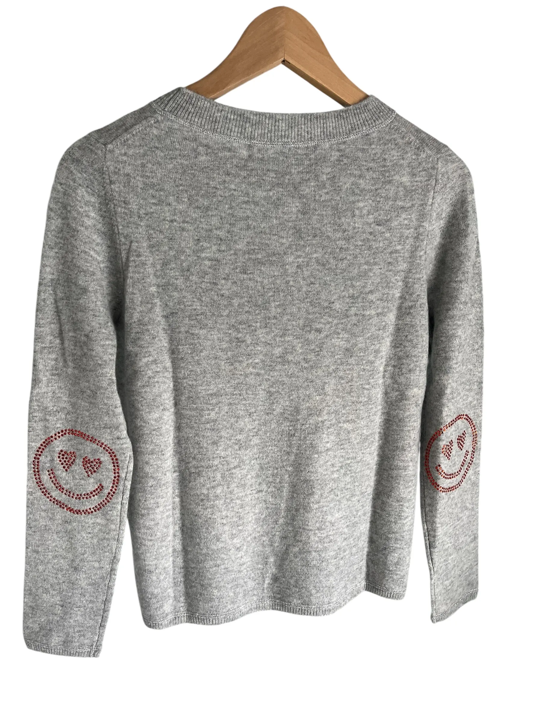 Grey boxy crew neck with orange diamante smiley face elbow patches