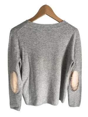 Grey boxy crew neck with rose gold faux leather elbow patches