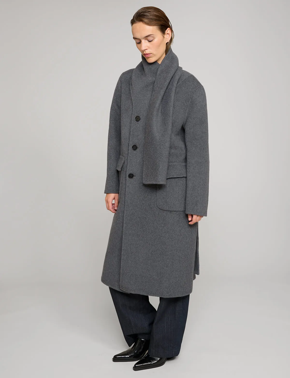 Grey Scarf Wool Coat