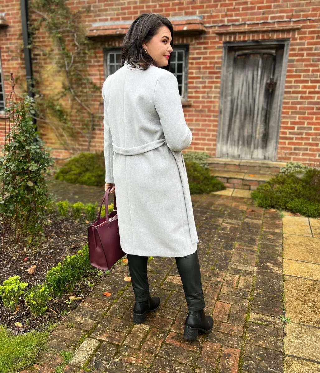 Grey Wool Blend Belted Coat