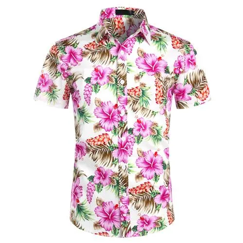 Hawaiian Shirts Mens Tropical Pink Floral Beach Shirt Summer Short Sleeve Vacation Clothing Casual Hawaii Shirt Men USA Size XXL