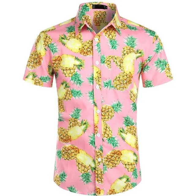 Hawaiian Shirts Mens Tropical Pink Floral Beach Shirt Summer Short Sleeve Vacation Clothing Casual Hawaii Shirt Men USA Size XXL