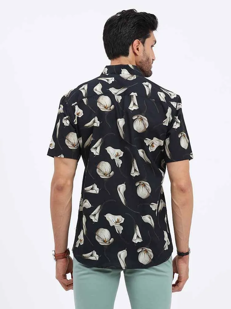 Heavenly Flower on Black Sky Printed Half Sleeve Shirt