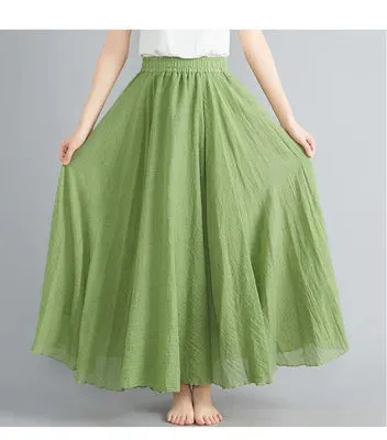 High Quality Cotton Linen Maxi Skirt Womens Casual Elastic High Waist Pleated A-Line Beach Skirts Boho Saia Feminina Faldas Jupe