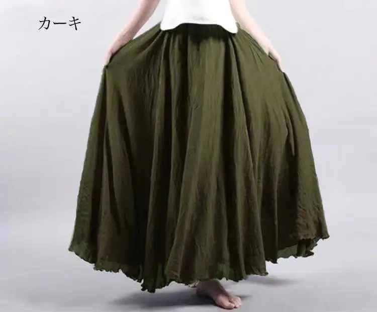 High Quality Cotton Linen Maxi Skirt Womens Casual Elastic High Waist Pleated A-Line Beach Skirts Boho Saia Feminina Faldas Jupe