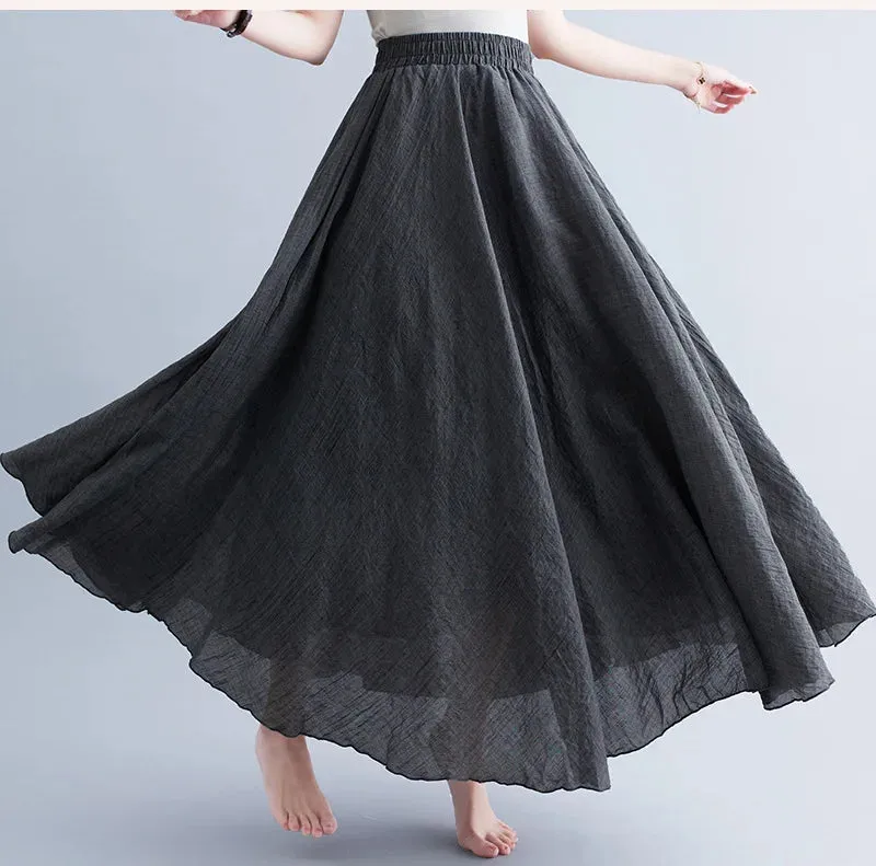 High Quality Cotton Linen Maxi Skirt Womens Casual Elastic High Waist Pleated A-Line Beach Skirts Boho Saia Feminina Faldas Jupe