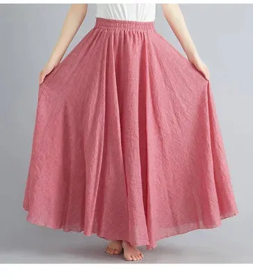 High Quality Cotton Linen Maxi Skirt Womens Casual Elastic High Waist Pleated A-Line Beach Skirts Boho Saia Feminina Faldas Jupe