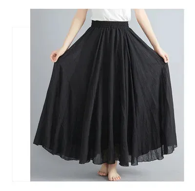 High Quality Cotton Linen Maxi Skirt Womens Casual Elastic High Waist Pleated A-Line Beach Skirts Boho Saia Feminina Faldas Jupe