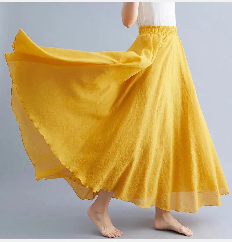 High Quality Cotton Linen Maxi Skirt Womens Casual Elastic High Waist Pleated A-Line Beach Skirts Boho Saia Feminina Faldas Jupe