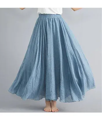 High Quality Cotton Linen Maxi Skirt Womens Casual Elastic High Waist Pleated A-Line Beach Skirts Boho Saia Feminina Faldas Jupe