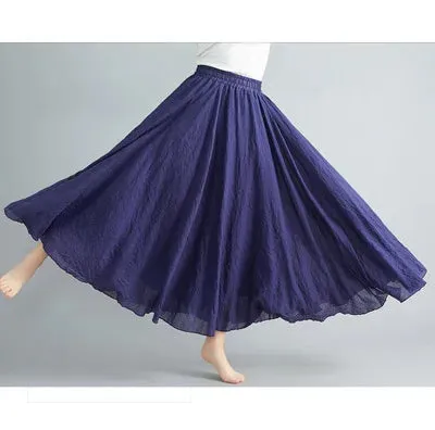 High Quality Cotton Linen Maxi Skirt Womens Casual Elastic High Waist Pleated A-Line Beach Skirts Boho Saia Feminina Faldas Jupe