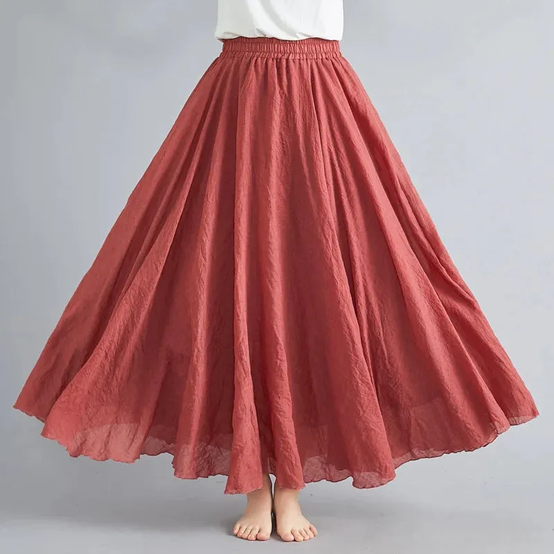 High Quality Cotton Linen Maxi Skirt Womens Casual Elastic High Waist Pleated A-Line Beach Skirts Boho Saia Feminina Faldas Jupe