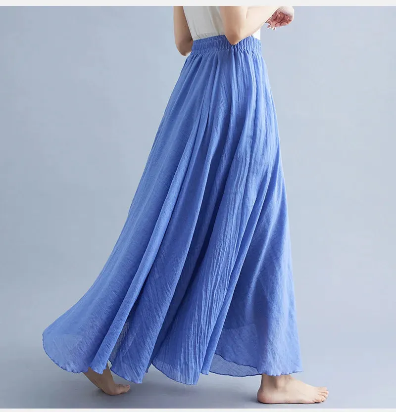 High Quality Cotton Linen Maxi Skirt Womens Casual Elastic High Waist Pleated A-Line Beach Skirts Boho Saia Feminina Faldas Jupe