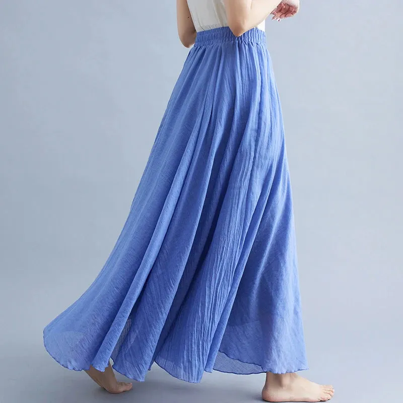 High Quality Cotton Linen Maxi Skirt Womens Casual Elastic High Waist Pleated A-Line Beach Skirts Boho Saia Feminina Faldas Jupe