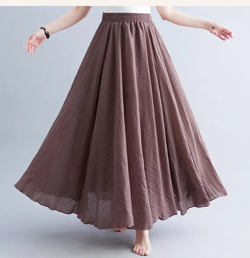 High Quality Cotton Linen Maxi Skirt Womens Casual Elastic High Waist Pleated A-Line Beach Skirts Boho Saia Feminina Faldas Jupe