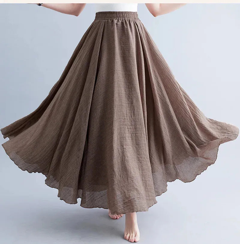 High Quality Cotton Linen Maxi Skirt Womens Casual Elastic High Waist Pleated A-Line Beach Skirts Boho Saia Feminina Faldas Jupe