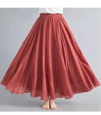 High Quality Cotton Linen Maxi Skirt Womens Casual Elastic High Waist Pleated A-Line Beach Skirts Boho Saia Feminina Faldas Jupe