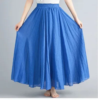 High Quality Cotton Linen Maxi Skirt Womens Casual Elastic High Waist Pleated A-Line Beach Skirts Boho Saia Feminina Faldas Jupe