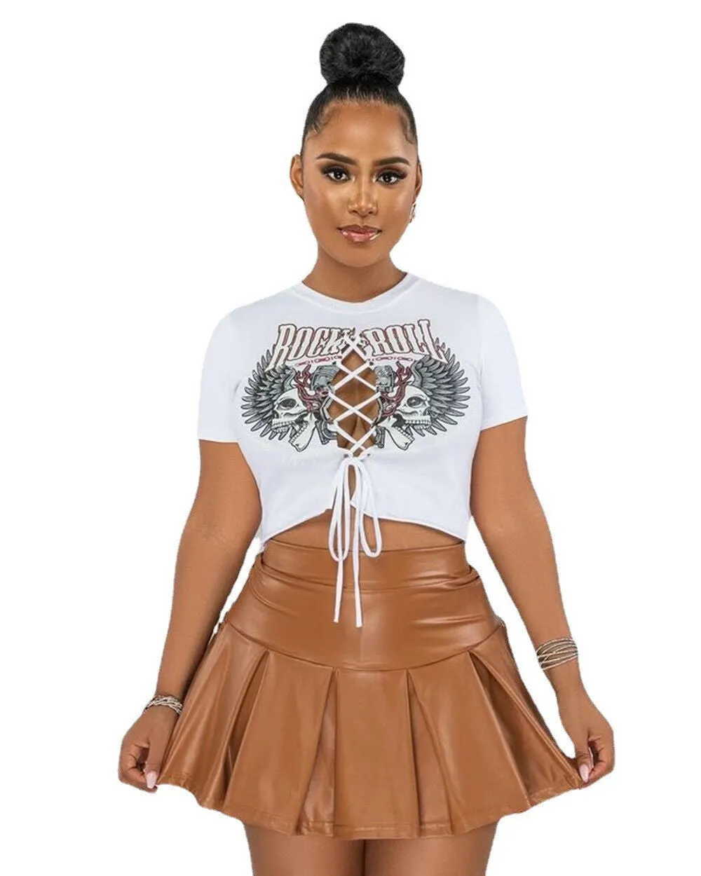 Hollow Out Bandage Print Tshirt PU Mini Skirt