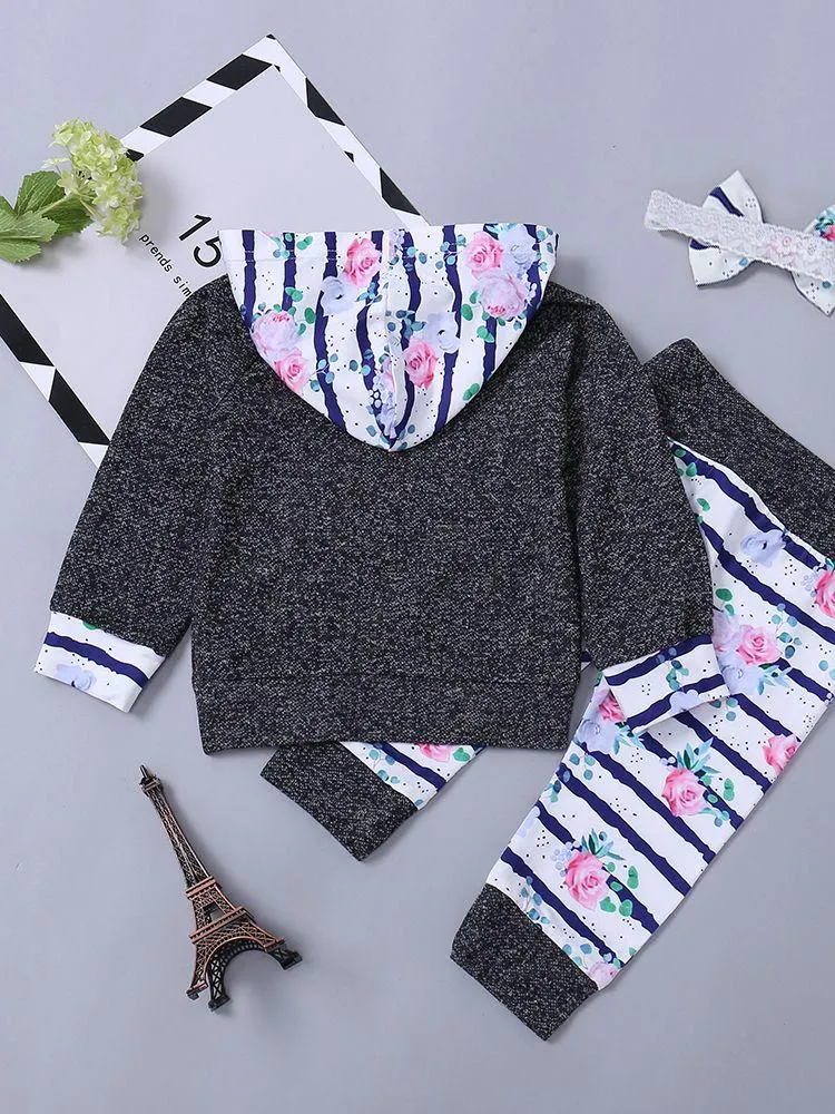 Hooded Floral Long Sleeve Shirt Top and Drawstring Long Pants Outfit Set