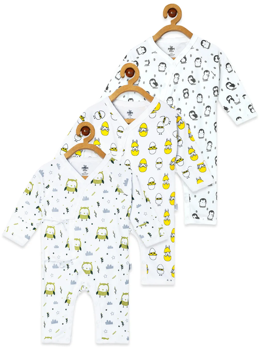 Jabla Style Infant Romper Combo of 3-Play with Penguin-Sleepless Owl-Cute like a Chicken