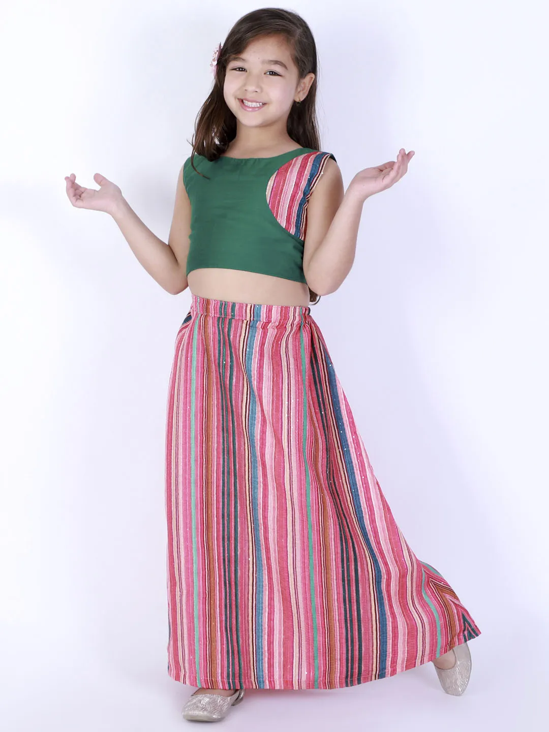 Jashvi Girl's Green Striped Skirt With Green Crop Top