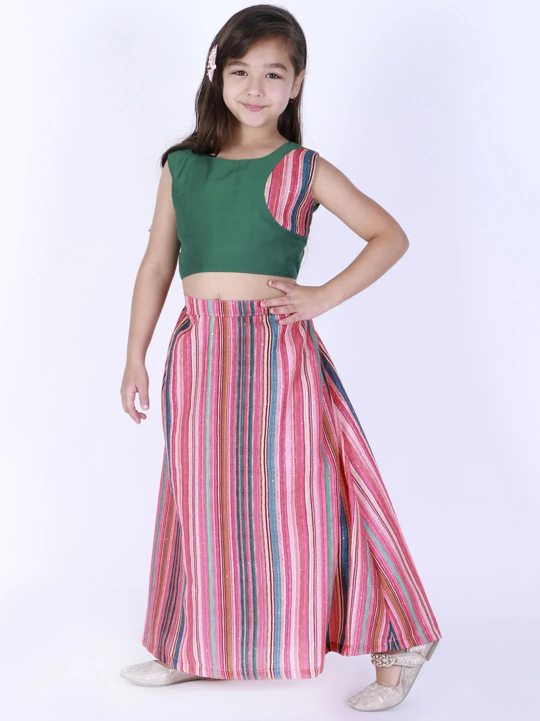 Jashvi Girl's Green Striped Skirt With Green Crop Top