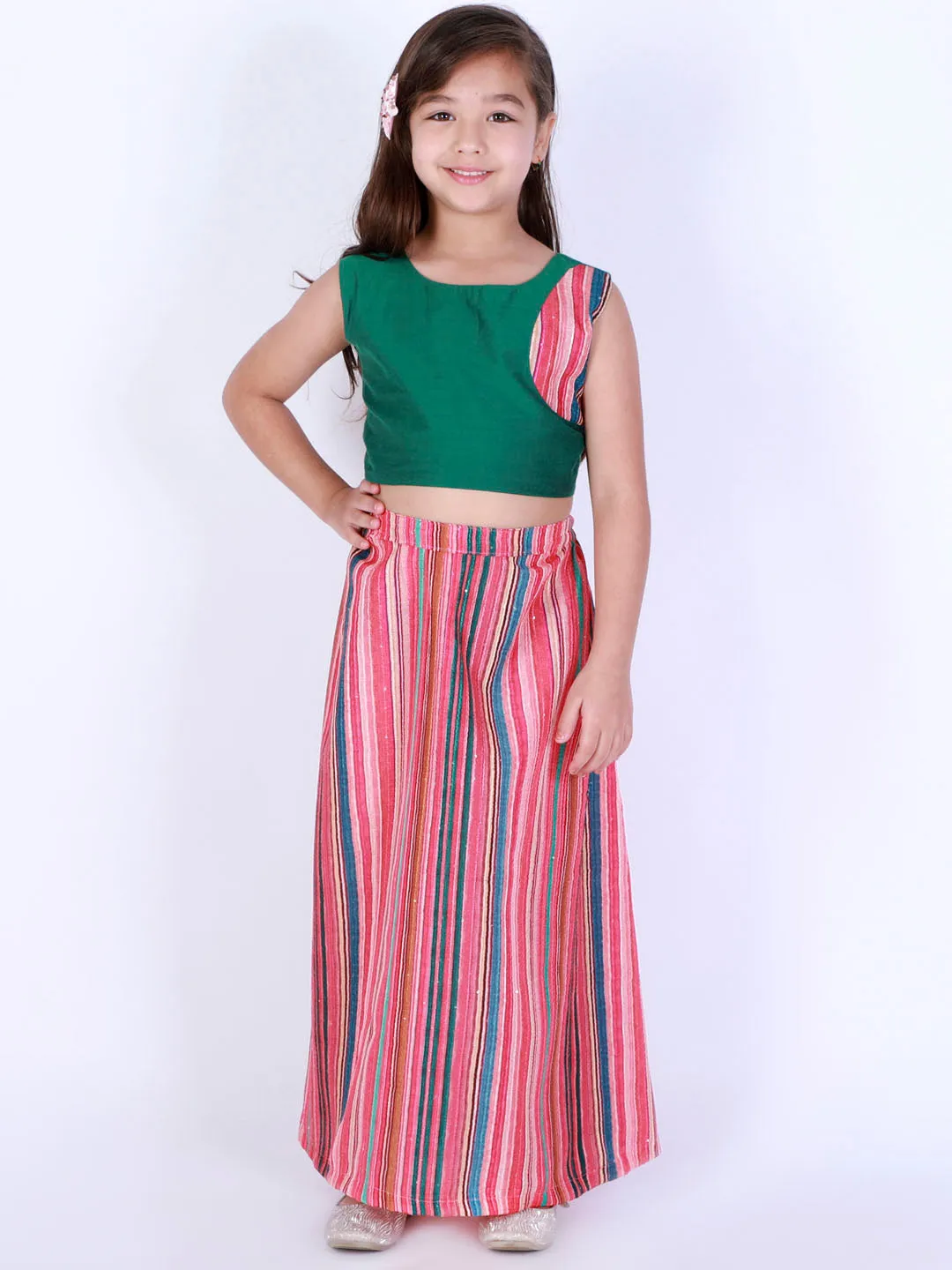 Jashvi Girl's Green Striped Skirt With Green Crop Top