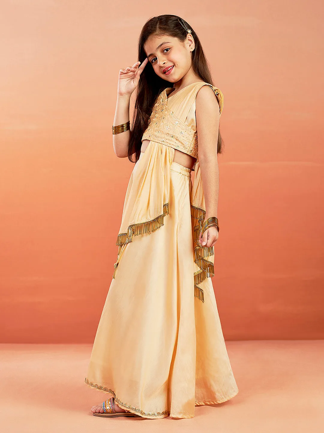 Jashvi Girls' Peach Embroidered Crop Top And Blended Skit With Attached Pleated Dupatta Set