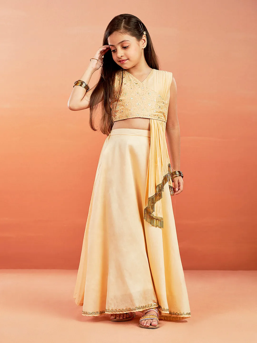 Jashvi Girls' Peach Embroidered Crop Top And Blended Skit With Attached Pleated Dupatta Set