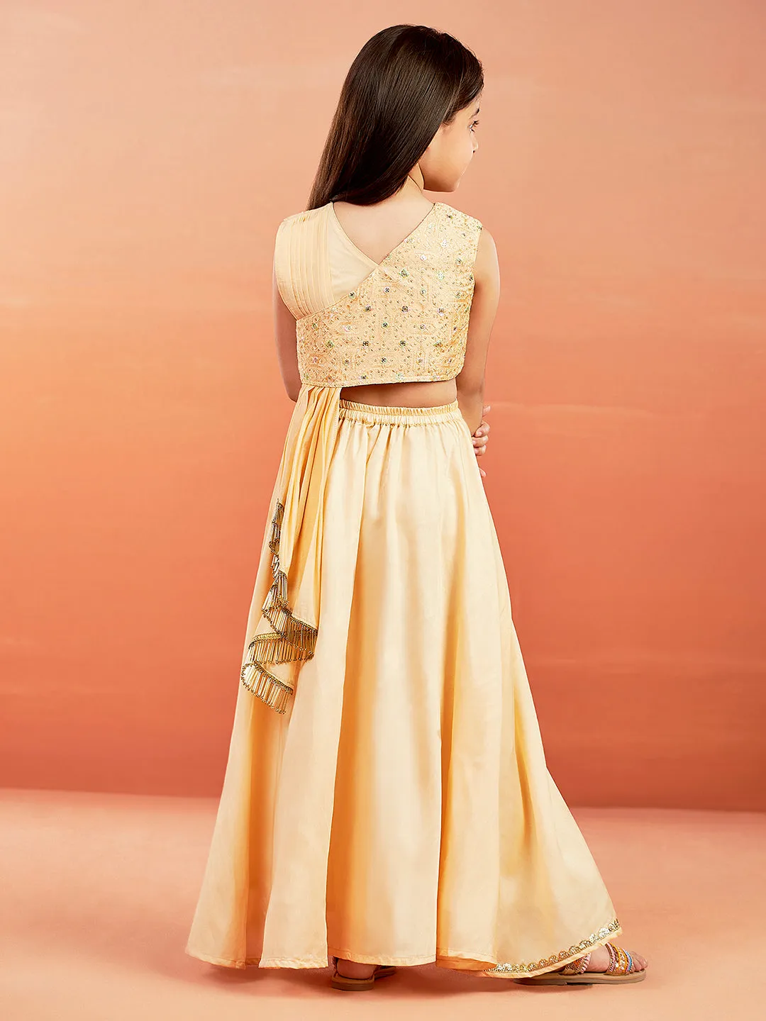 Jashvi Girls' Peach Embroidered Crop Top And Blended Skit With Attached Pleated Dupatta Set