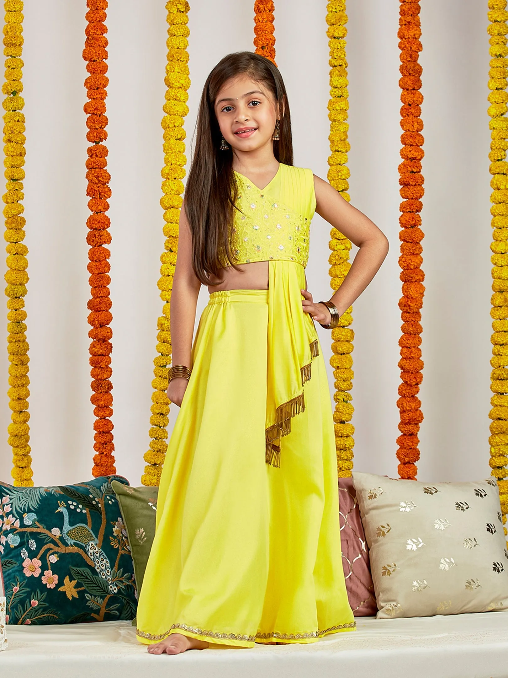 Jashvi Girls' Yellow Embroidered Crop Top And Blended Skit With Attached Pleated Dupatta Set