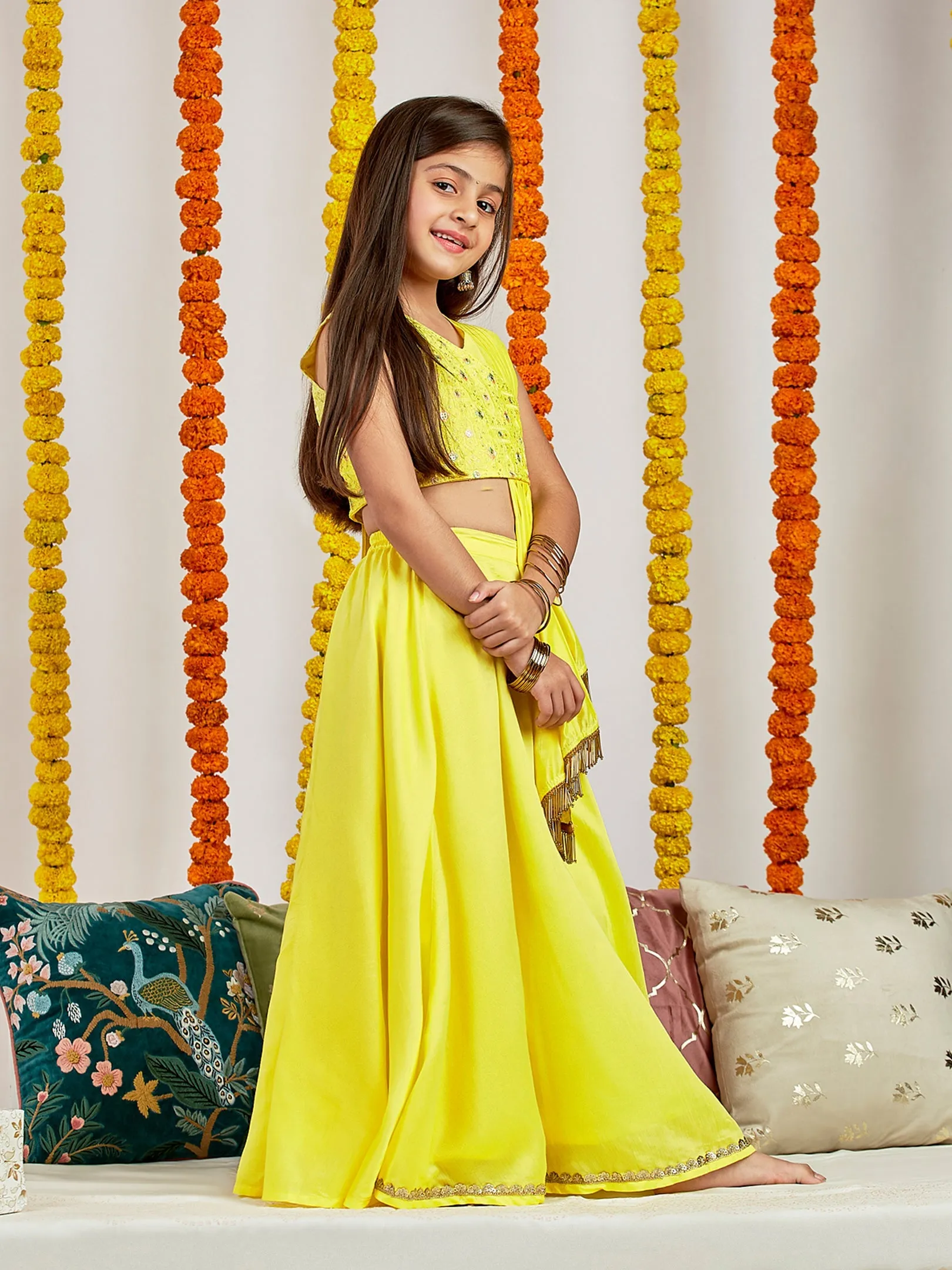 Jashvi Girls' Yellow Embroidered Crop Top And Blended Skit With Attached Pleated Dupatta Set